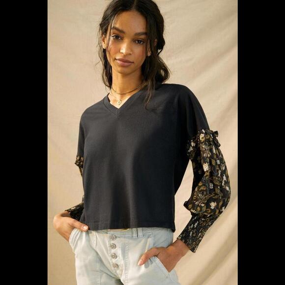 Anthropologie Let Me Be Sydney Puff-Sleeved Top Ruched Cuff Ruffle Cottagecore S - Picture 1 of 5